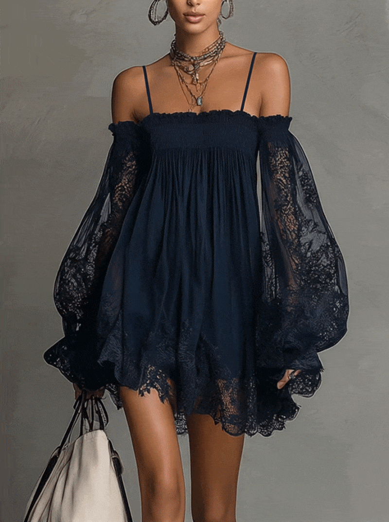 NOEMI™ | Navy Blue Off-Shoulder Chiffon Mini Dress with Lace Trim and Sheer Sleeves