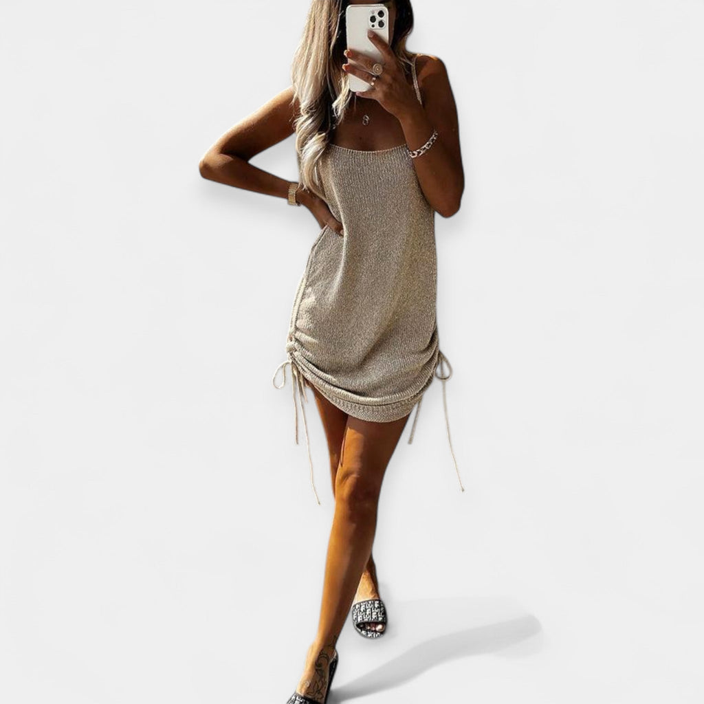 Relaxed sleeveless midi dress with tie waist detail in warm khaki