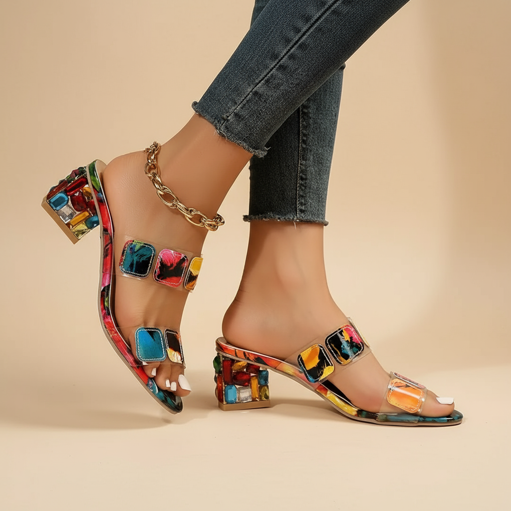 Jewelled heeled sandals with a colourful stone-studded upper and a backless design