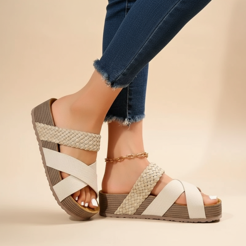 Brown cross-strap wedge sandals with backless design and cushioned sole