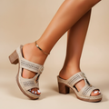 Backless block-heel sandals with a cut-out upper and clasp in khaki, black, blue and pink