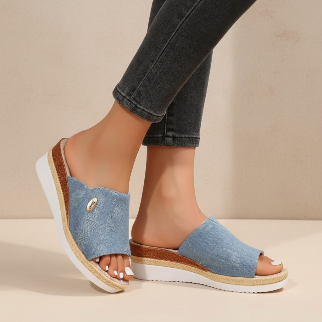 Wide-strap backless wedge sandals in navy with a small metallic trim detail