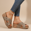 Backless crossover platform sandals in a khaki tone with a simple, flattering upper