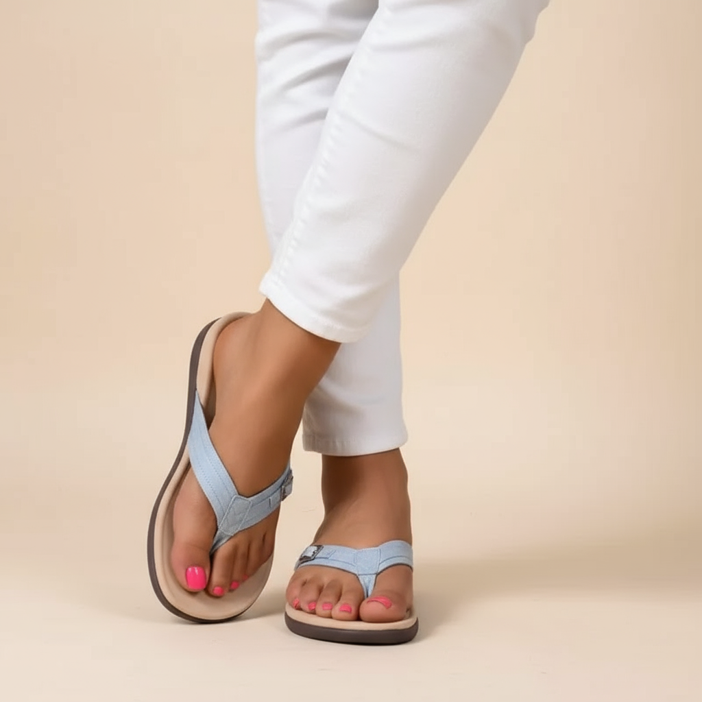 Ergonomic toe-post flip-flop sandals in blue, yellow, black, navy and magenta