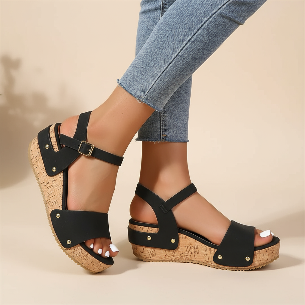 Platform sandals in black with an ankle strap and a clean, structured sole