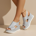 Silver shimmer peep toe wedge sandals with back strap