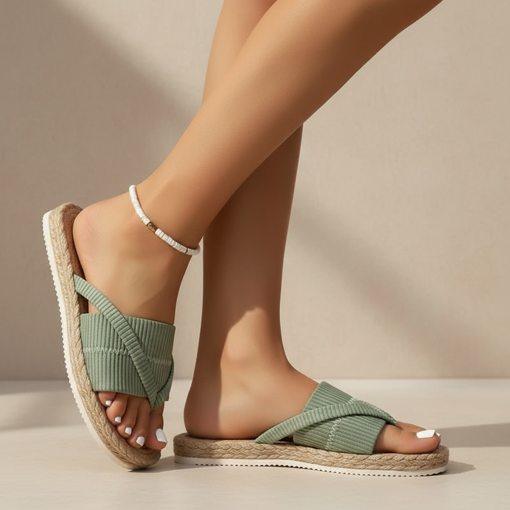 Flat crossover strap sandals in mint green with a simple, open toe-post design