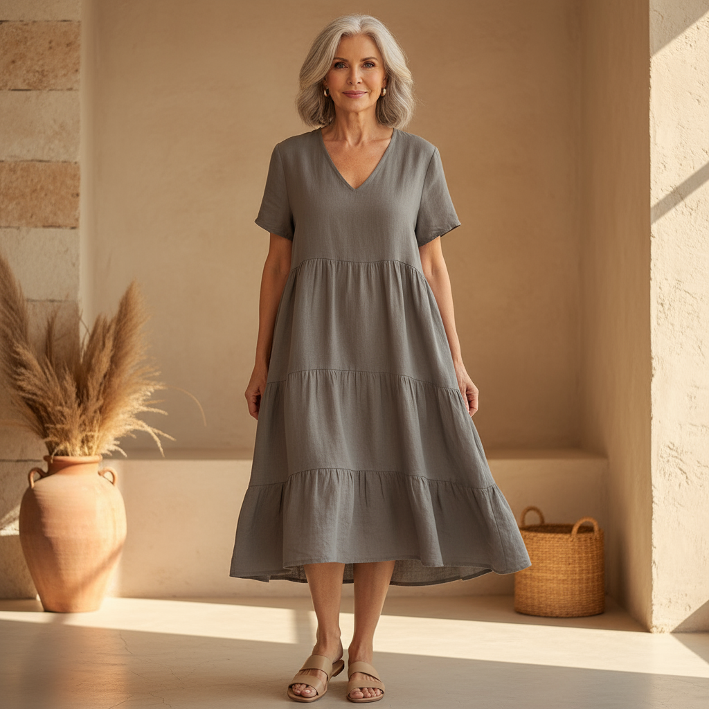 Woman wearing the Veronica™ V-neck summer dress with a soft layered skirt, strolling on a sunny afternoon.