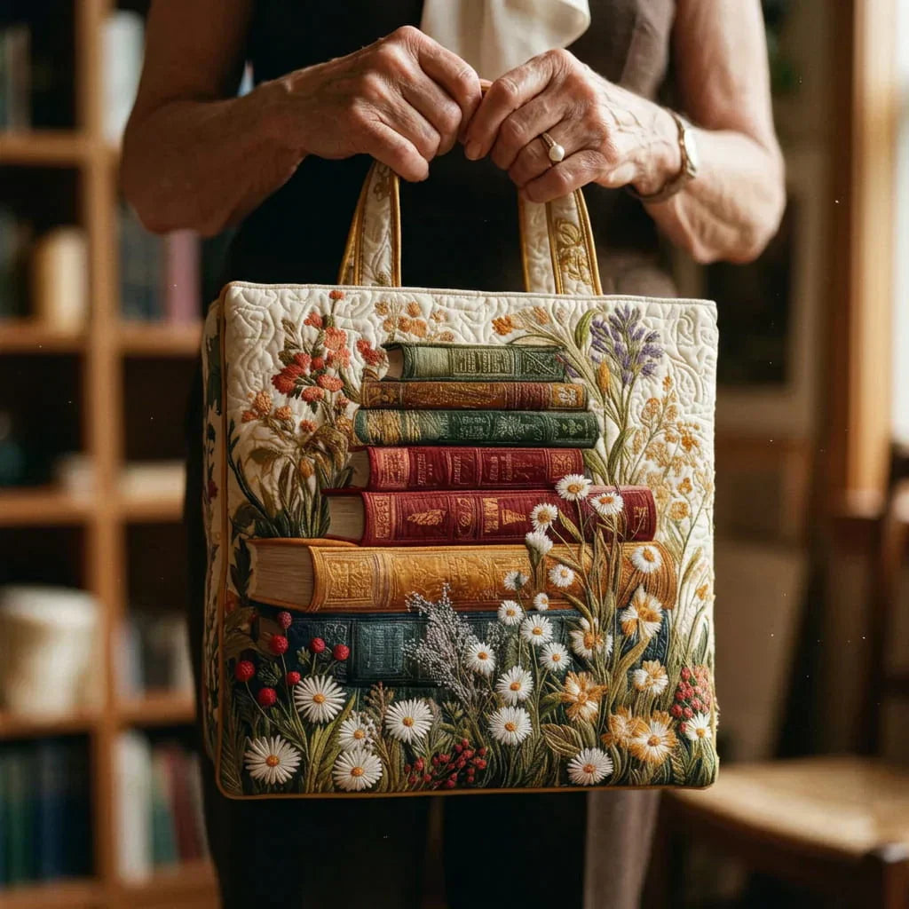 Quilted tote bag with a gentle floral print on a wave-stitch structured exterior