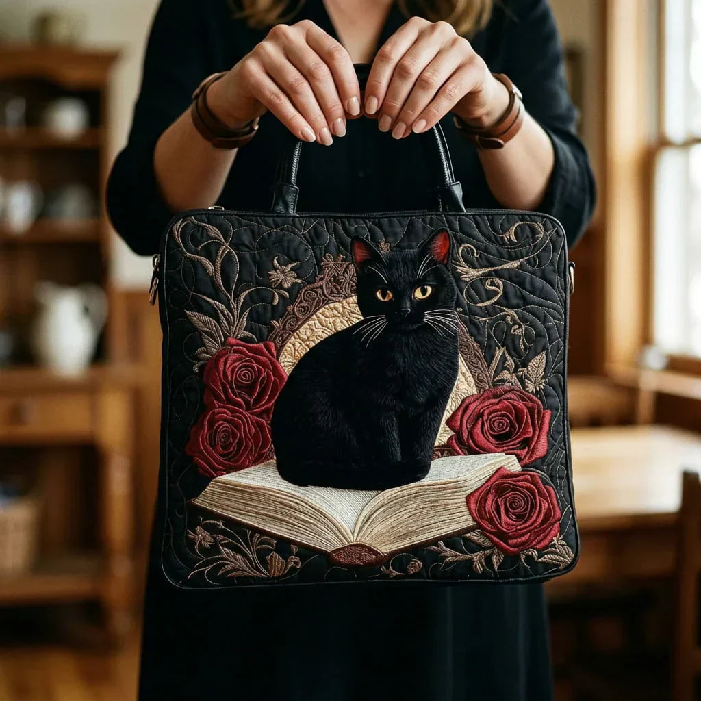 Quilted tote bag with a black cat sitting amongst stacked books on a wave-stitch background