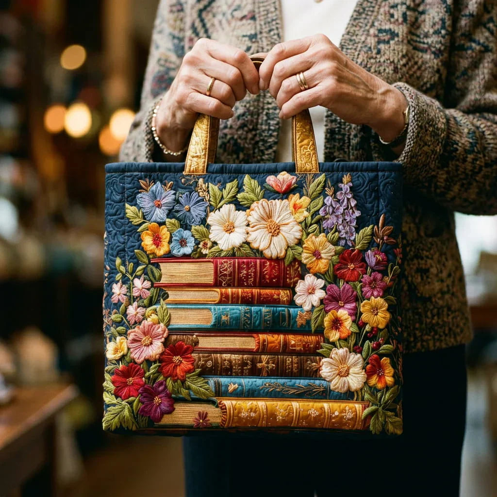 Quilted tote bag with a colourful floral and books print on a structured wave-stitch body