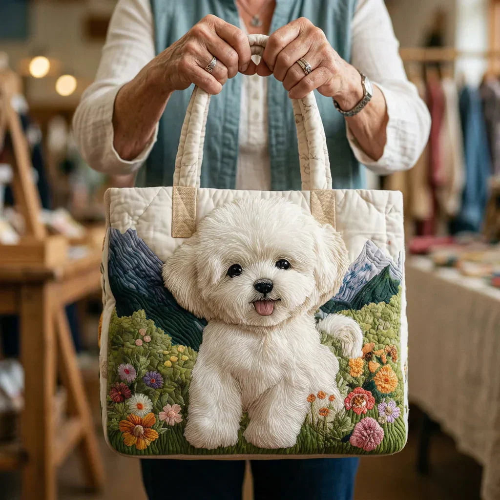 Quilted tote bag with a whimsical enchanted dog motif on a structured wave-stitch exterior