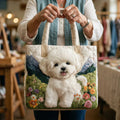 Quilted tote bag with a whimsical enchanted dog motif on a structured wave-stitch exterior