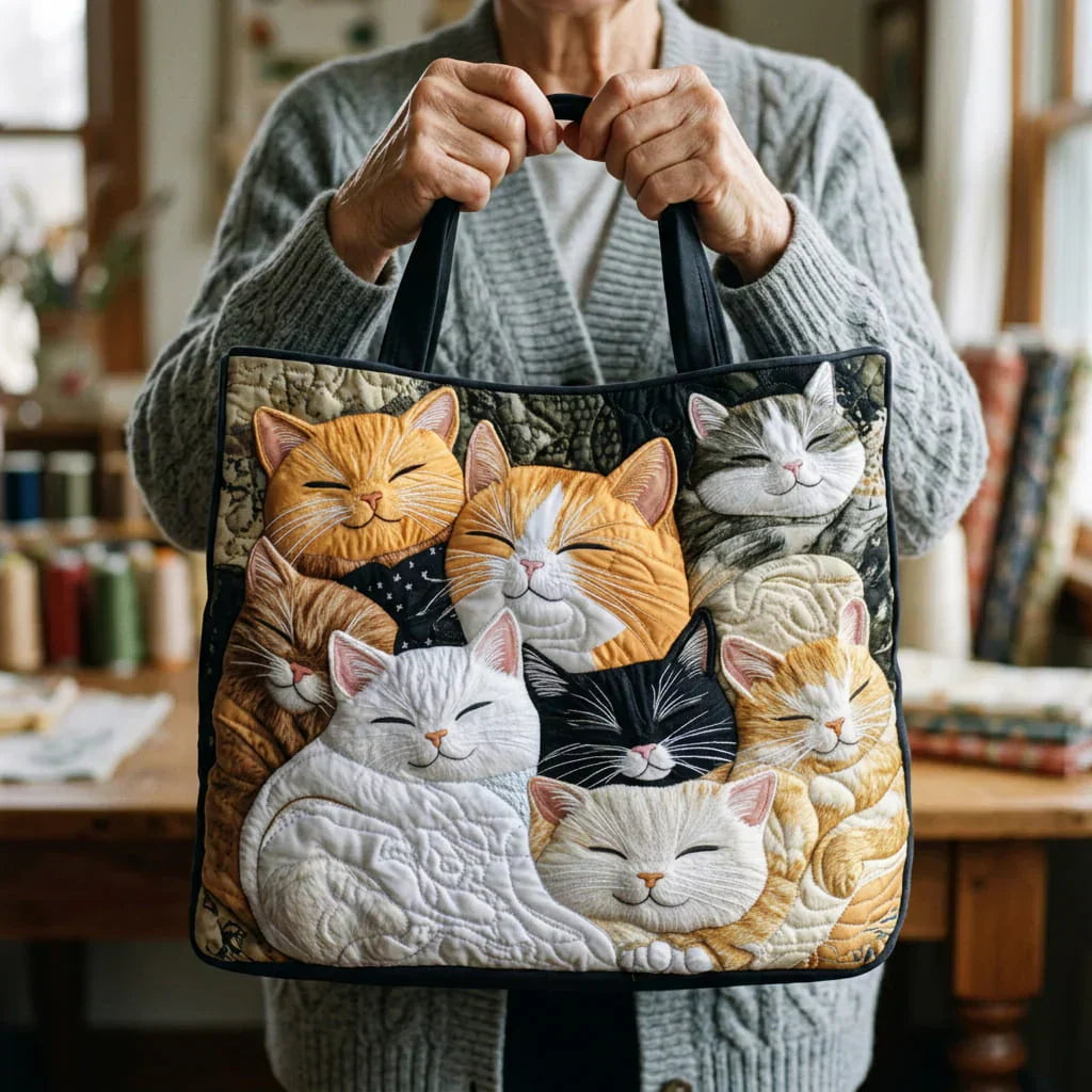 Quilted tote bag with a cluster of sleeping kittens curled up together