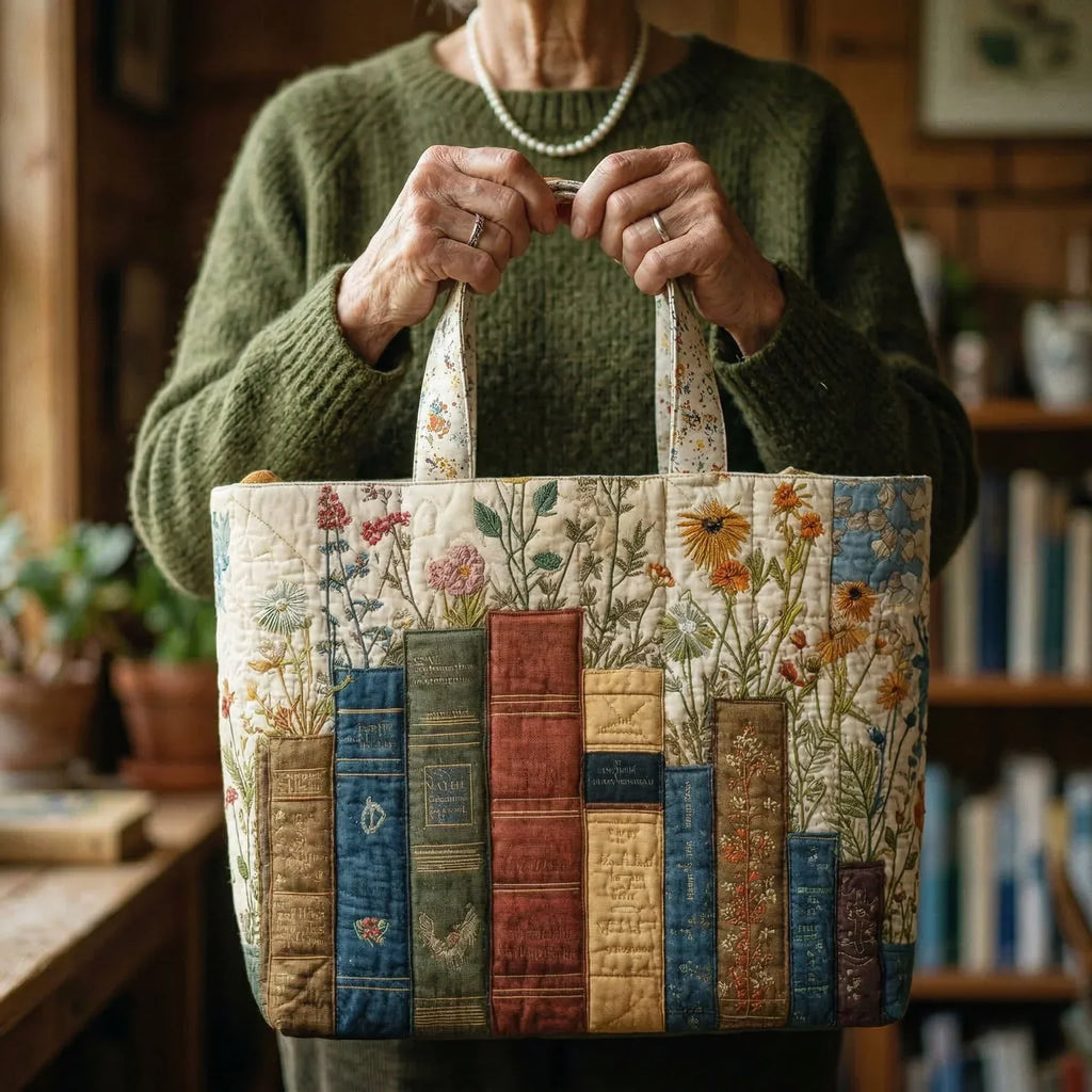 Quilted tote bag with a books and flowers design on a structured wave-stitch exterior