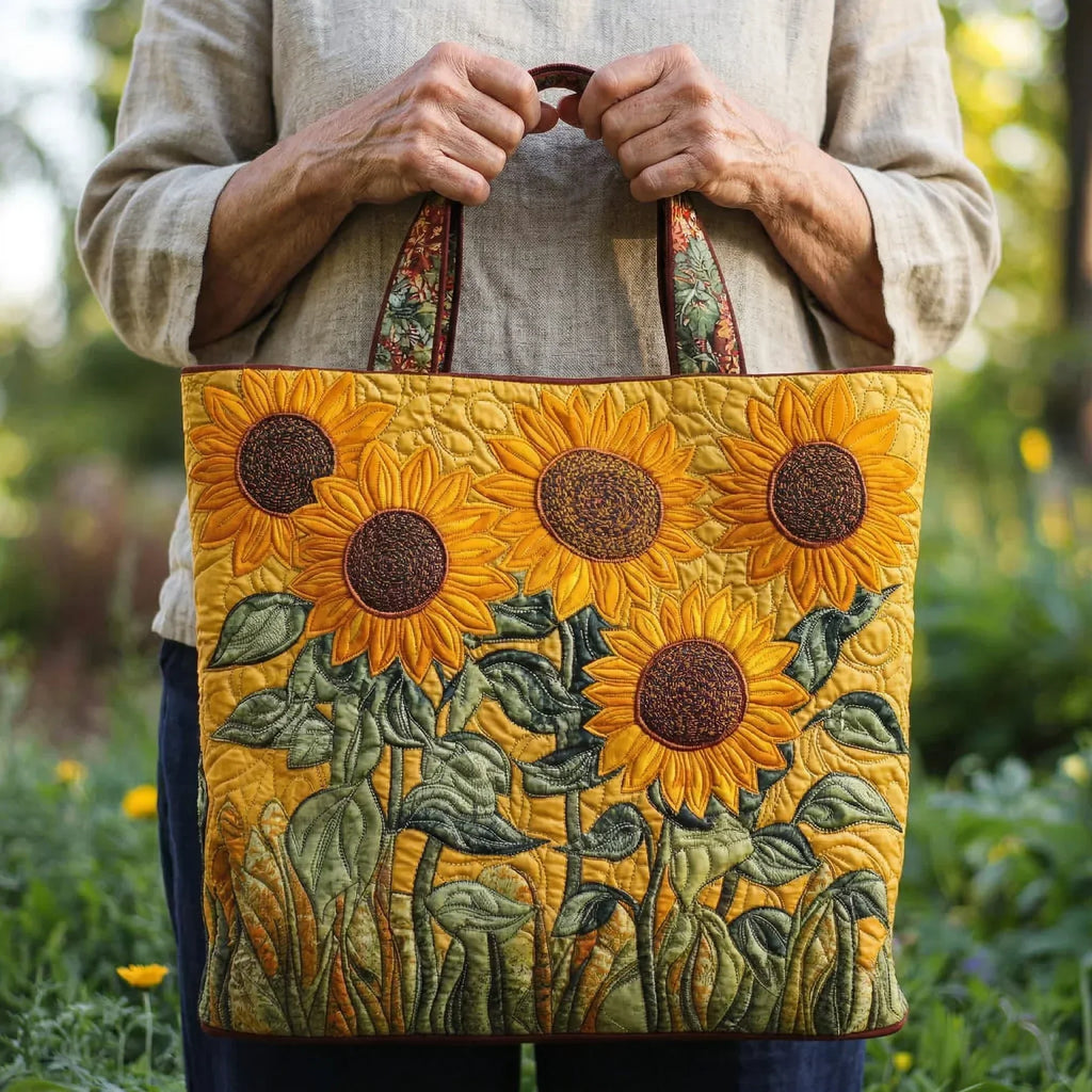 Quilted tote bag with bold golden sunflowers on a classic background