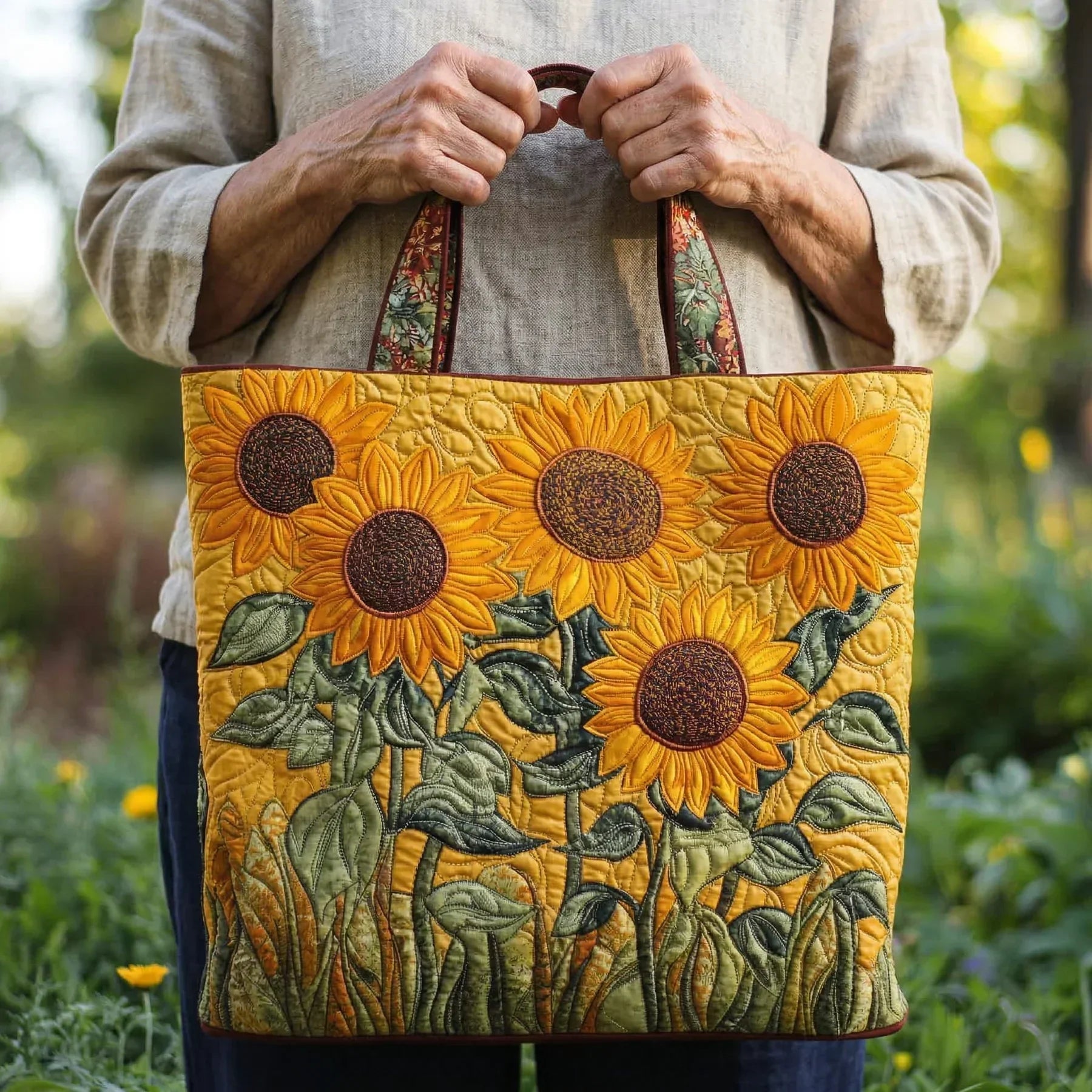Quilted tote bag with bold golden sunflowers on a classic background