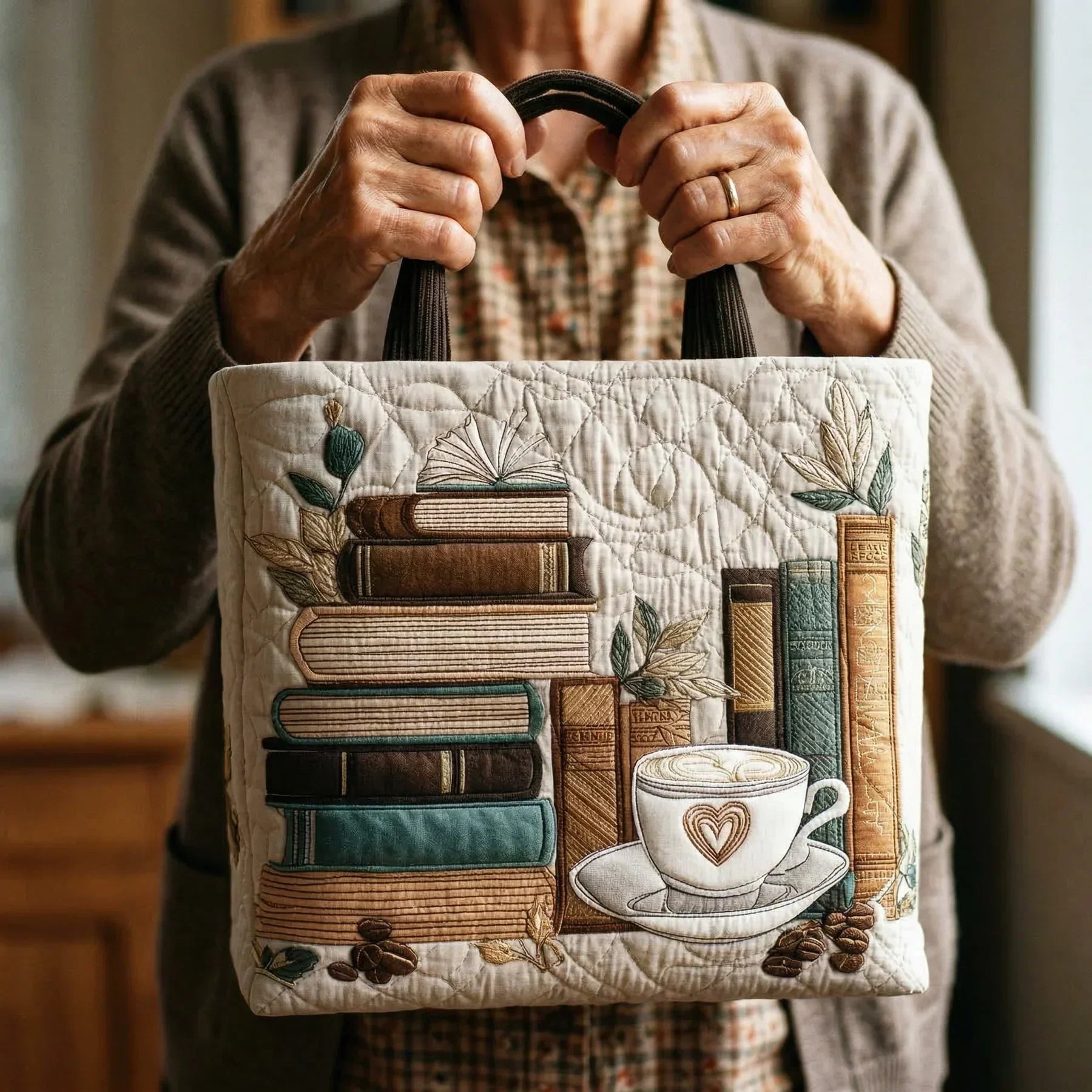 Quilted tote bag in warm tones with a coffee and books print on a wave-stitch body