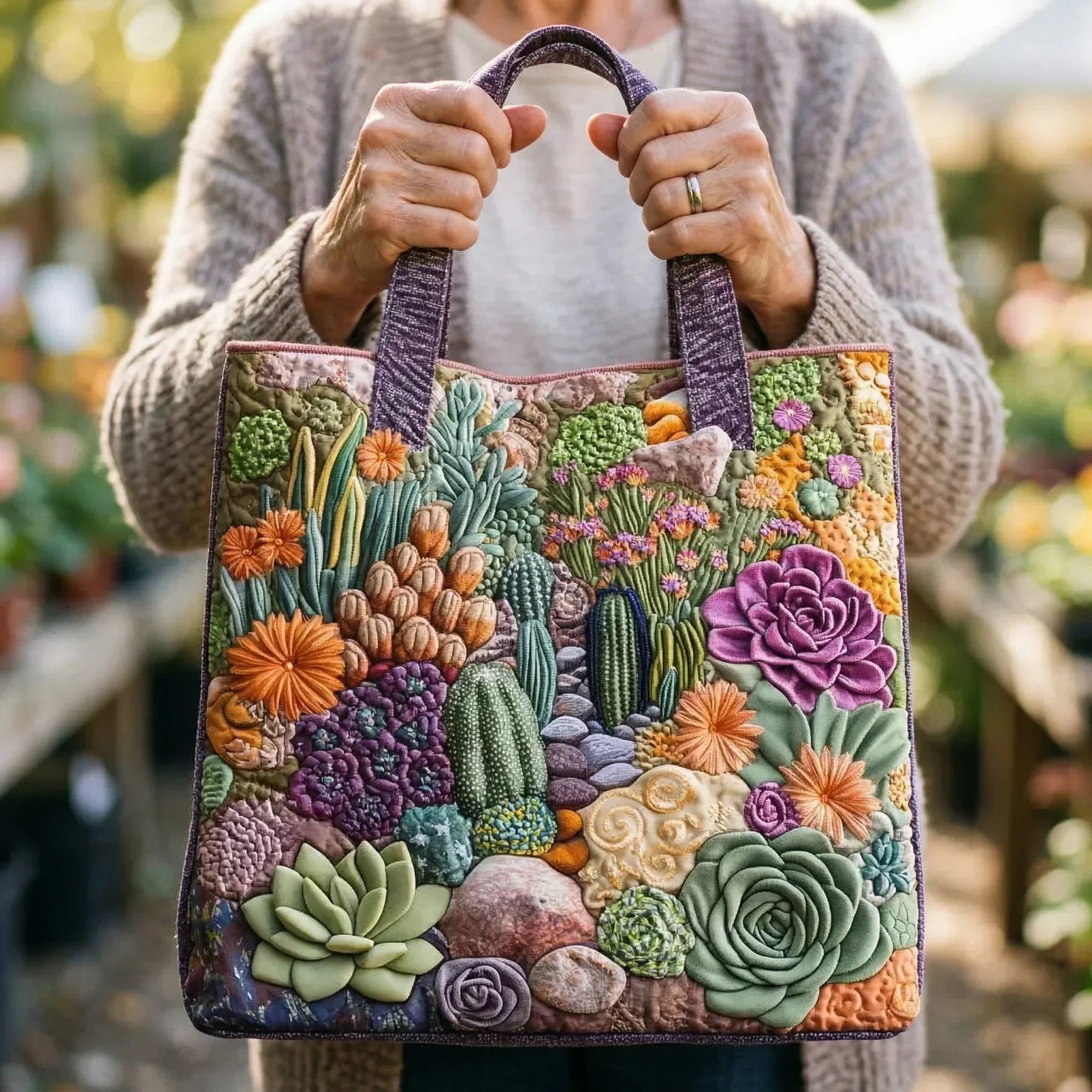 Quilted tote bag with a colourful arrangement of succulent plants in bloom