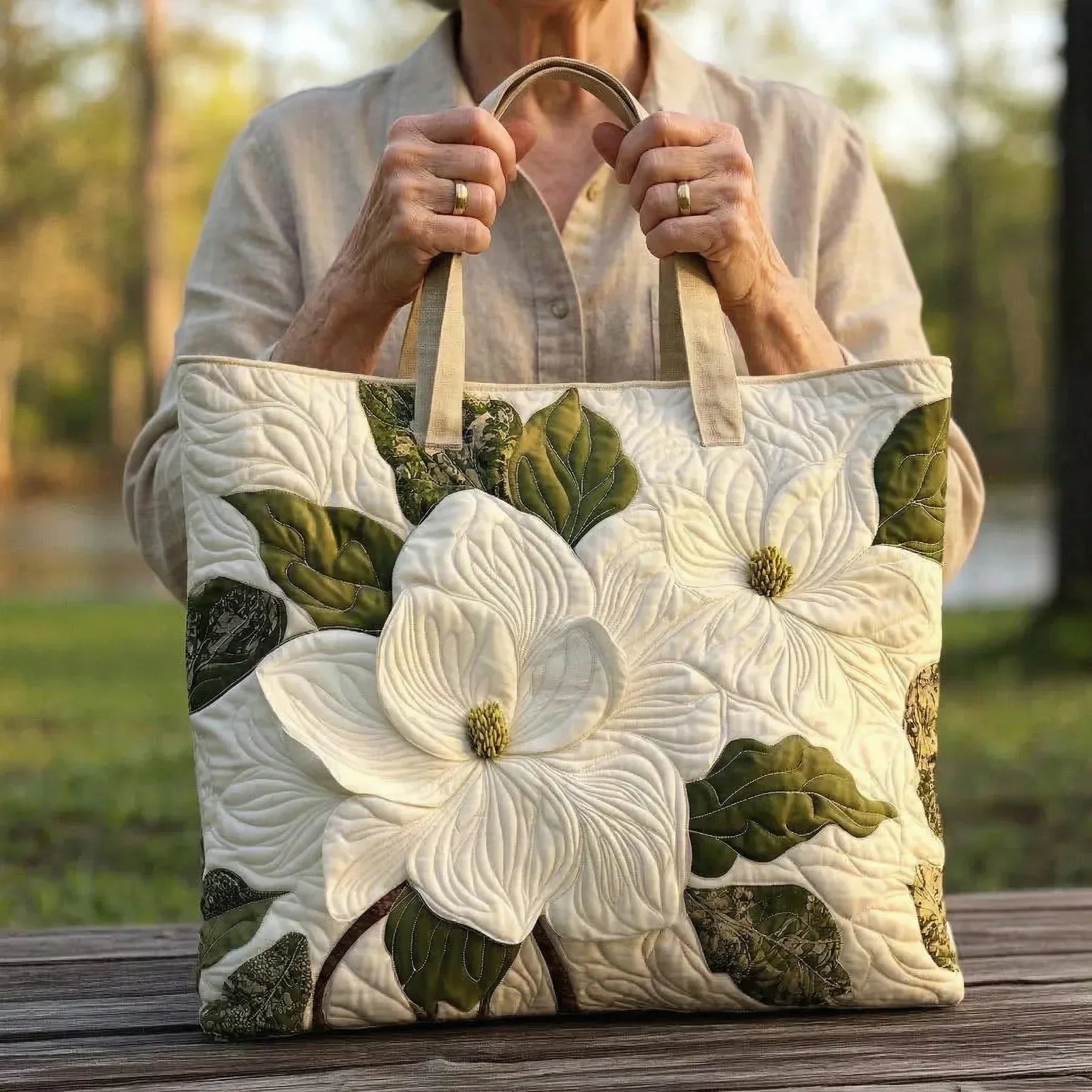 Quilted tote bag with a graceful white lily floral print on a structured wave-stitch exterior