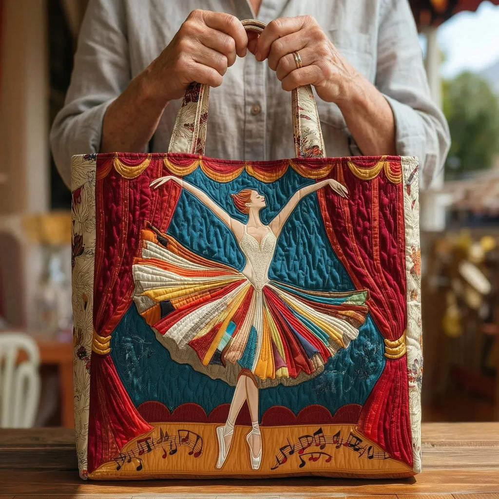 Quilted tote bag with an elegant ballerina in movement against a soft background