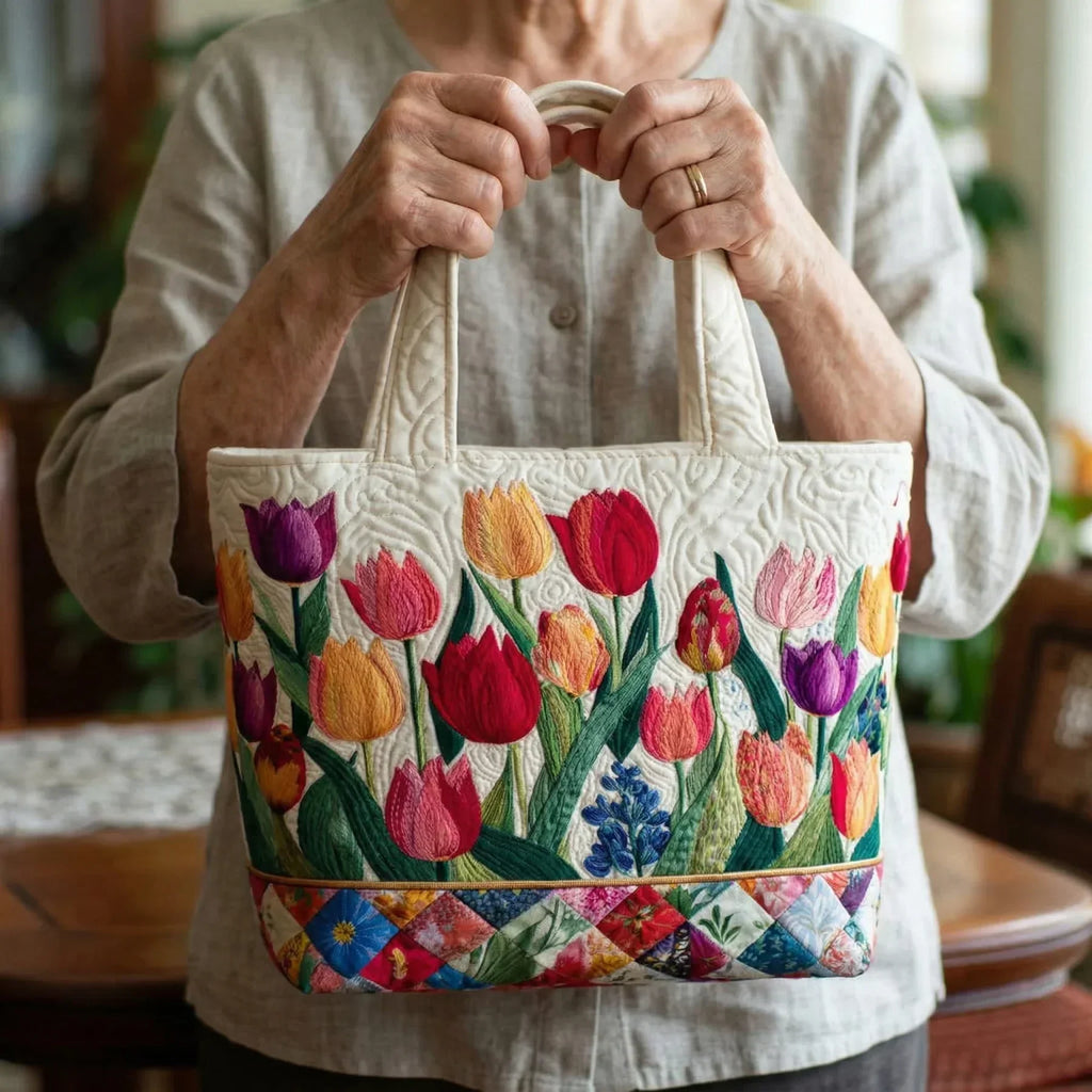 Quilted tote bag with a colourful tulip garden pattern and wave-stitch finish