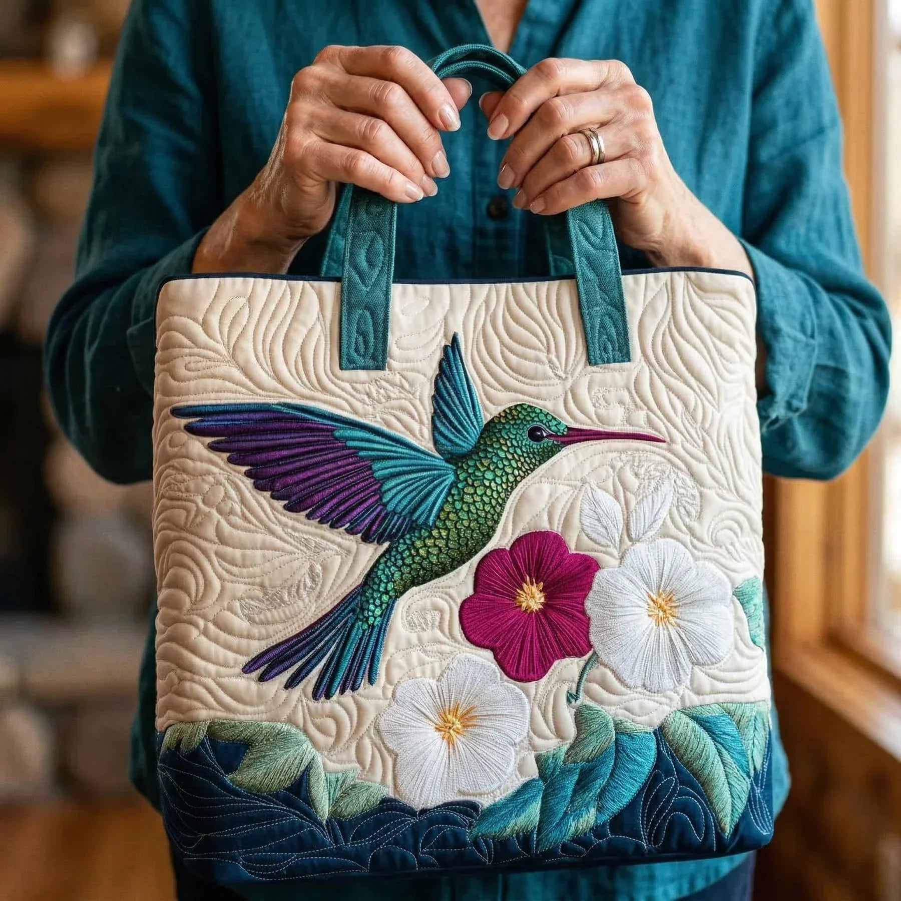 Quilted tote bag with a hummingbird hovering beside a white flower in bloom