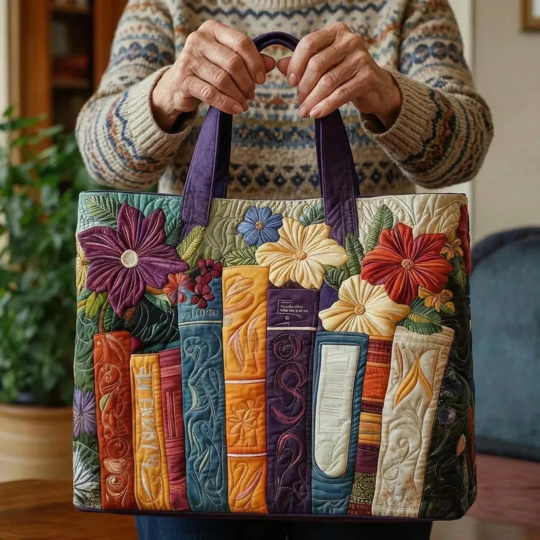 Quilted tote bag with a book lovers motif featuring stacked books and reading scenes on a structured padded body