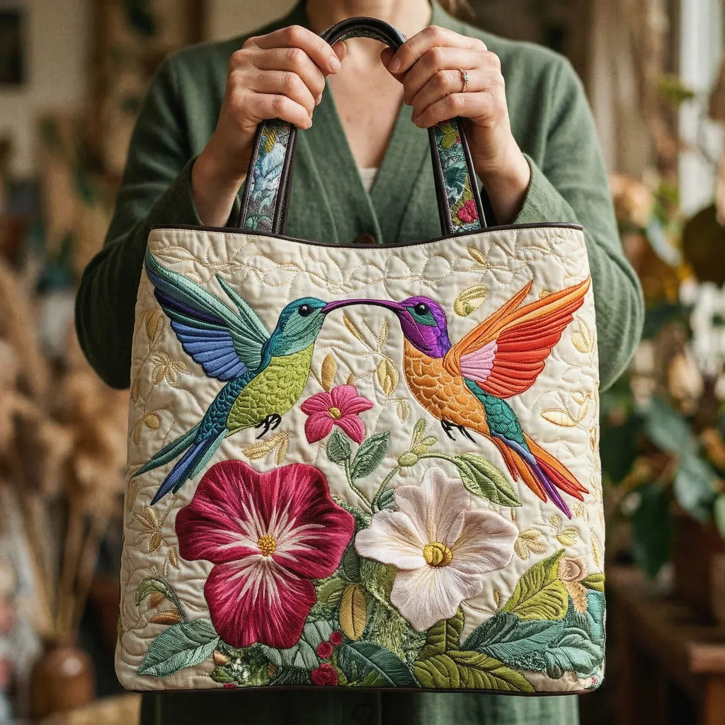 Quilted tote bag with a jewel-bright hummingbird hovering among white flowers on a structured padded body