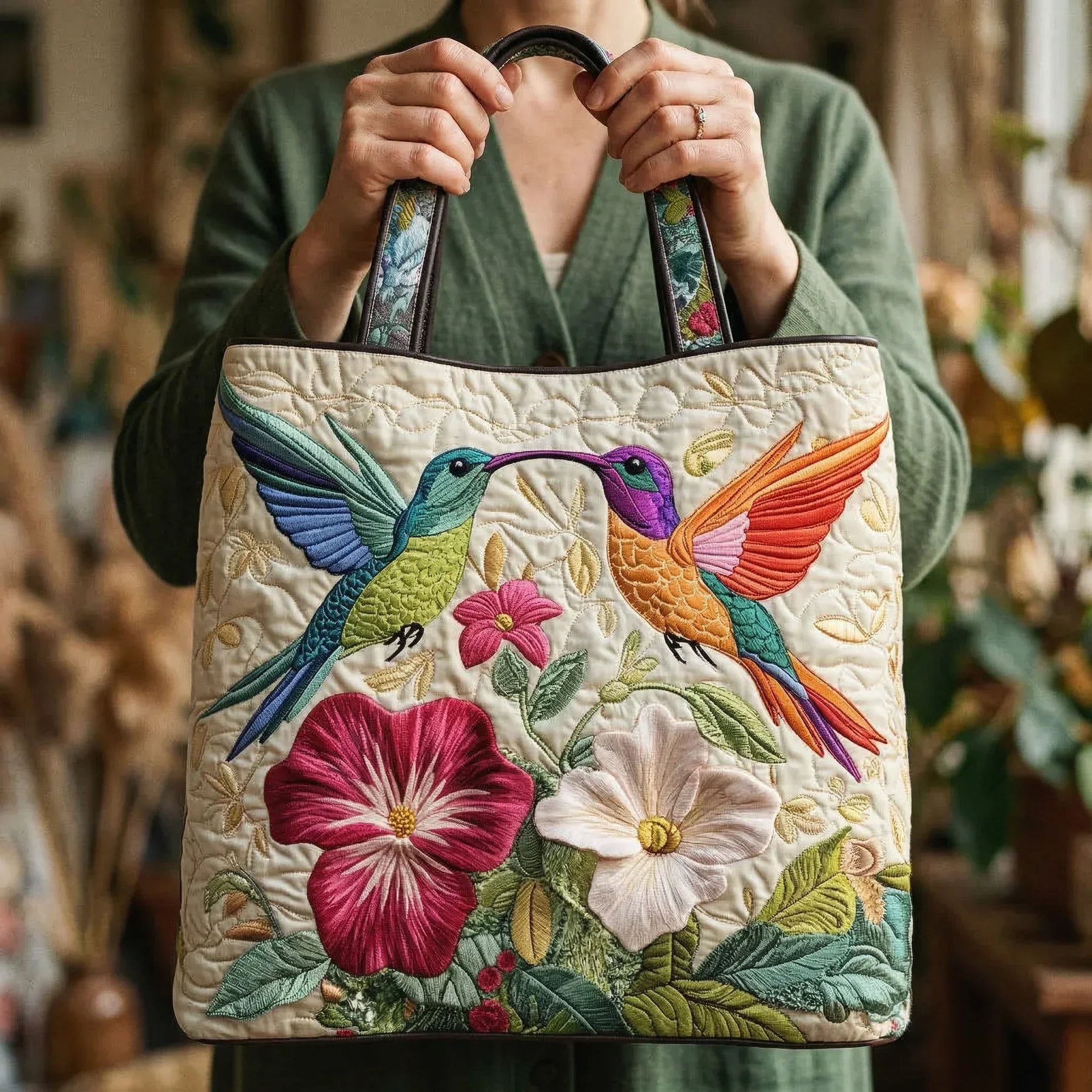 Quilted tote bag with a jewel-bright hummingbird hovering among white flowers on a structured padded body
