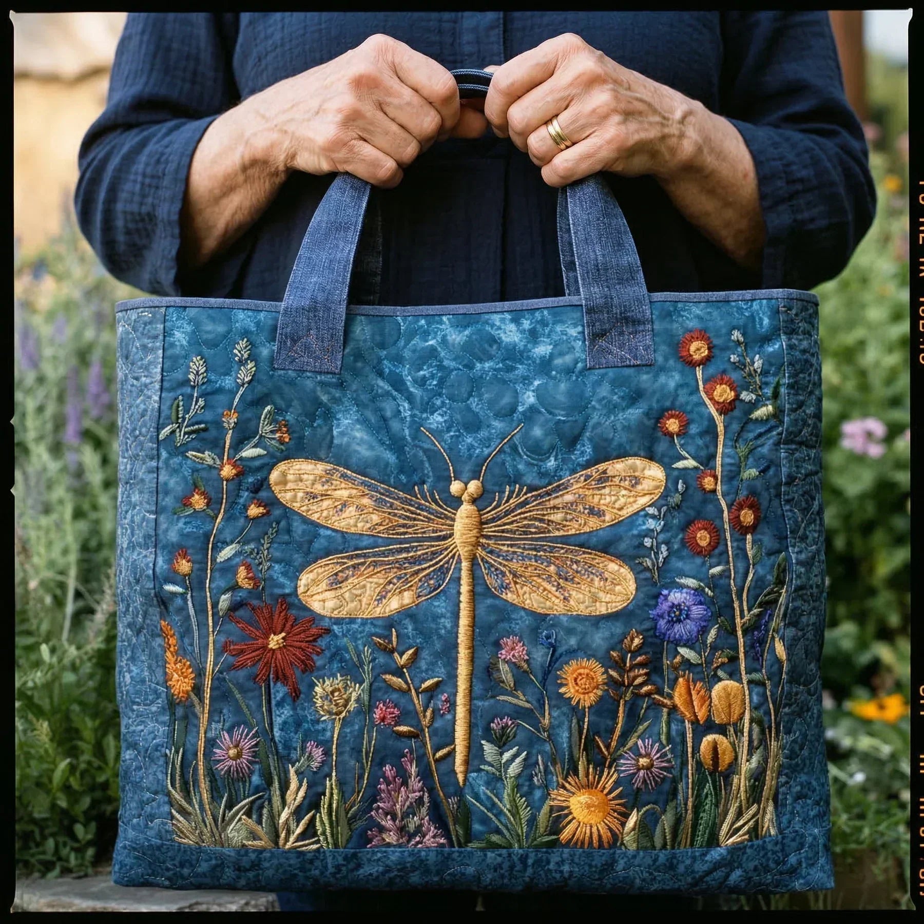 Quilted tote bag with a golden dragonfly with iridescent wings on a dark background