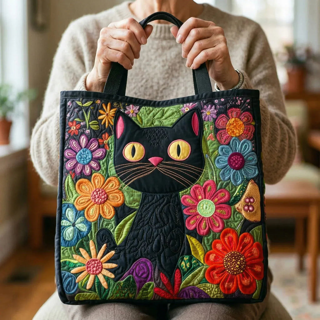Quilted tote bag with a mysterious enchanted black cat motif on a structured padded body with wave-stitch detail