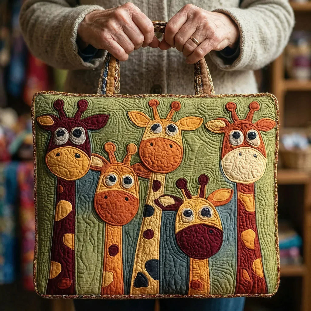 Quilted tote bag with a graceful giraffe motif on a structured padded body with wave-stitch quilting