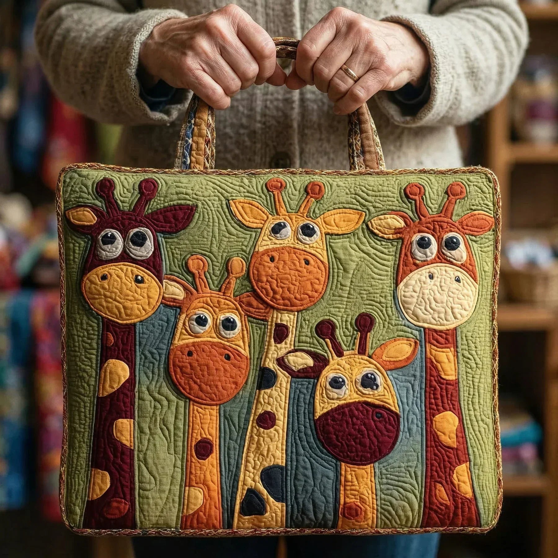 Quilted tote bag with a graceful giraffe motif on a structured padded body with wave-stitch quilting