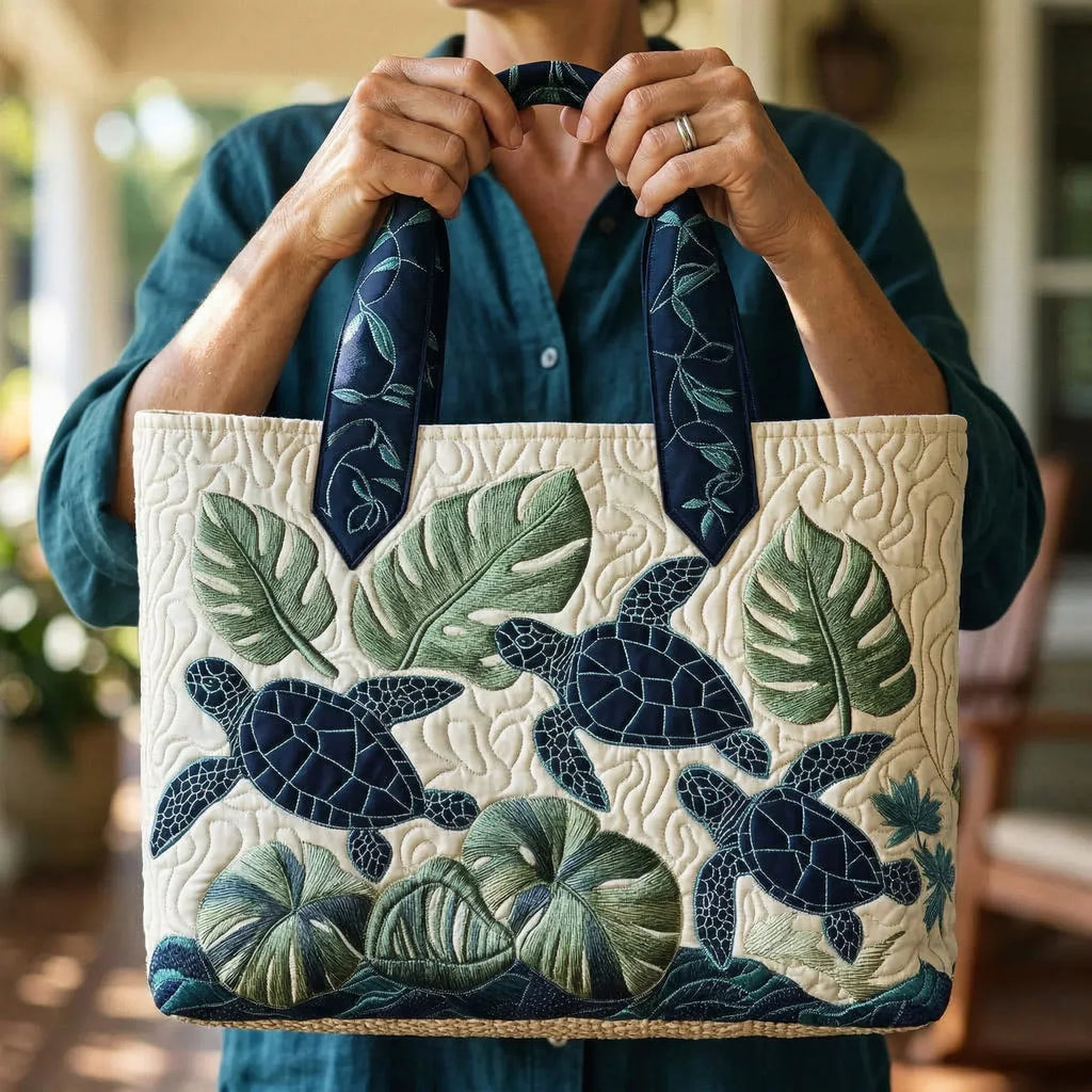 Quilted tote bag with a graceful sea turtle gliding through deep ocean blue on a structured padded body