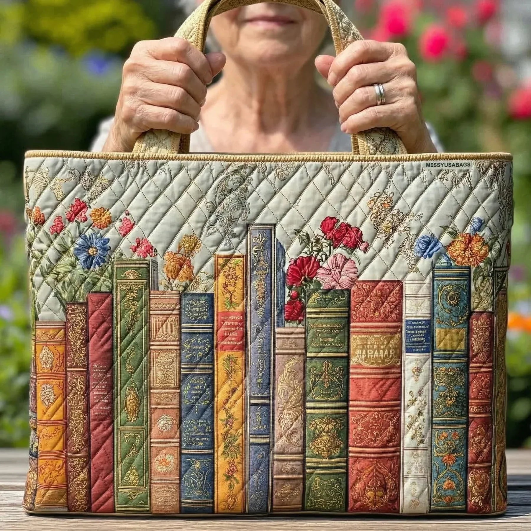 Quilted tote bag with an enchanted library scene of glowing bookshelves and candles on a padded structured body