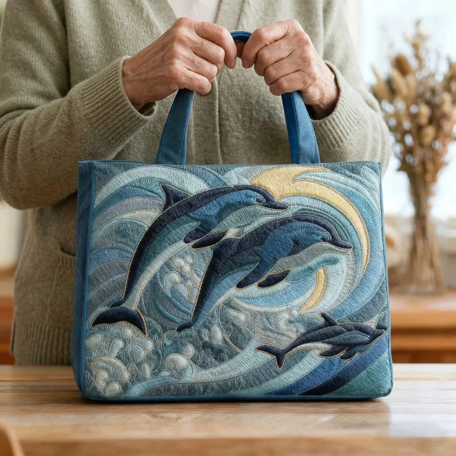 Quilted tote bag with a dolphin leaping through blue ocean waves