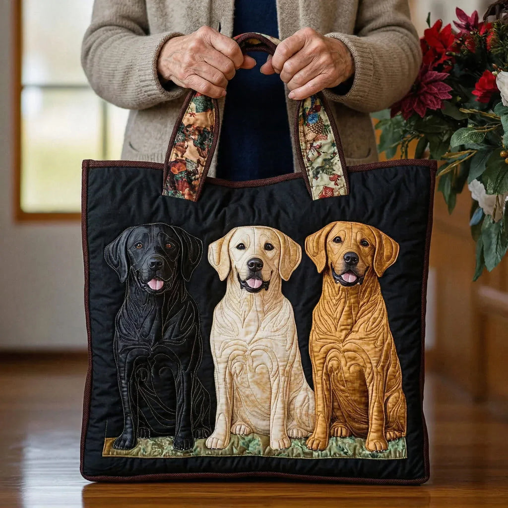 Quilted tote bag featuring three Labrador dogs on a structured padded body with wave-stitch quilting detail