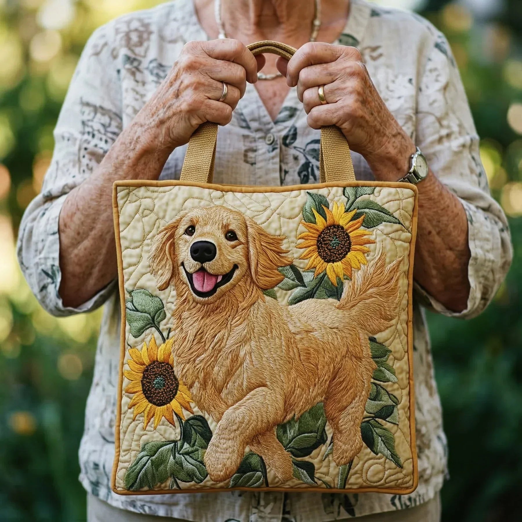 Quilted tote bag with a happy Golden Retriever portrait in warm golden tones