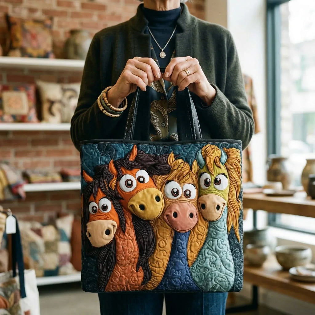 Quilted tote bag with colourful playful ponies on a structured padded body with wave-stitch quilting