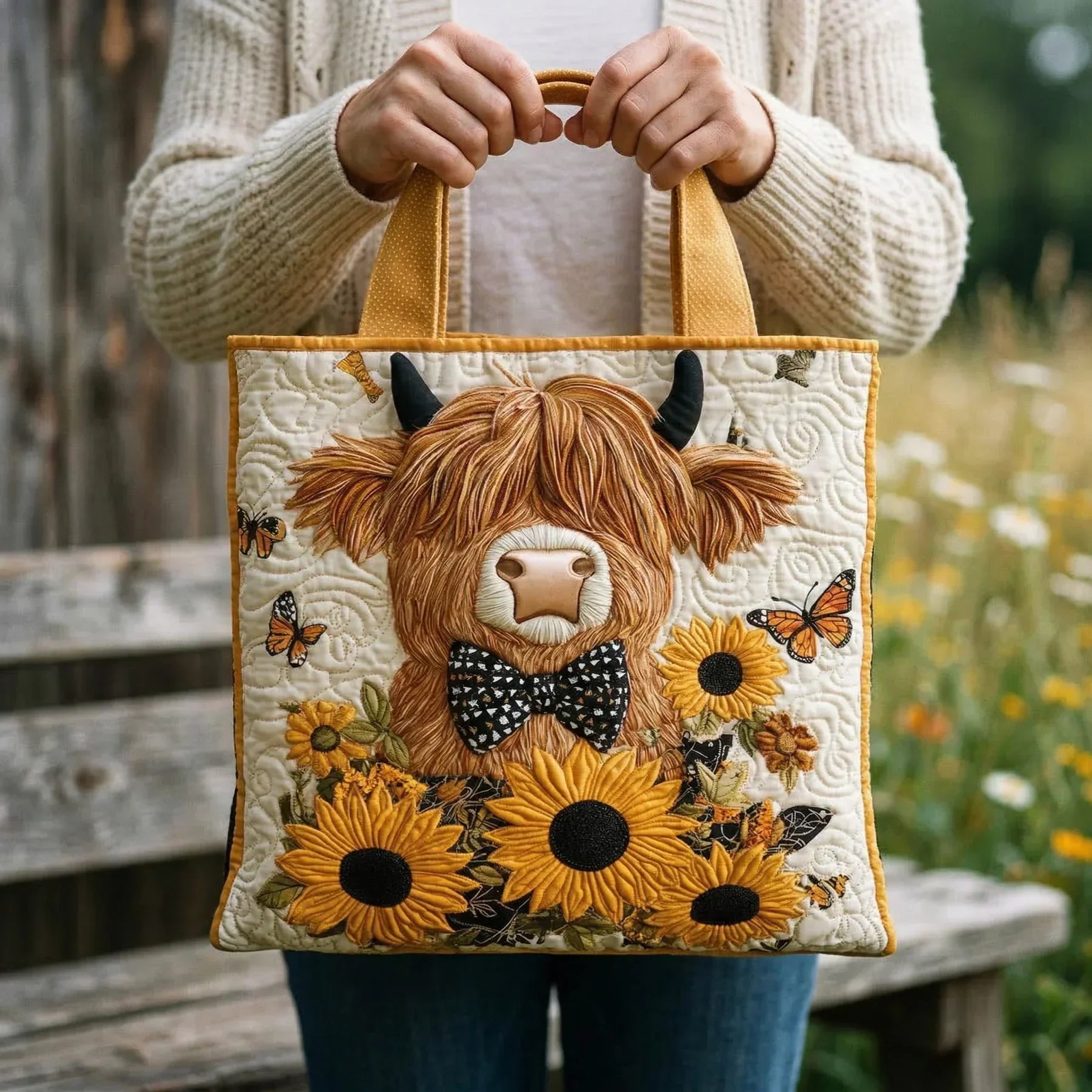 Quilted tote bag with a fluffy Highland cow surrounded by sunflowers