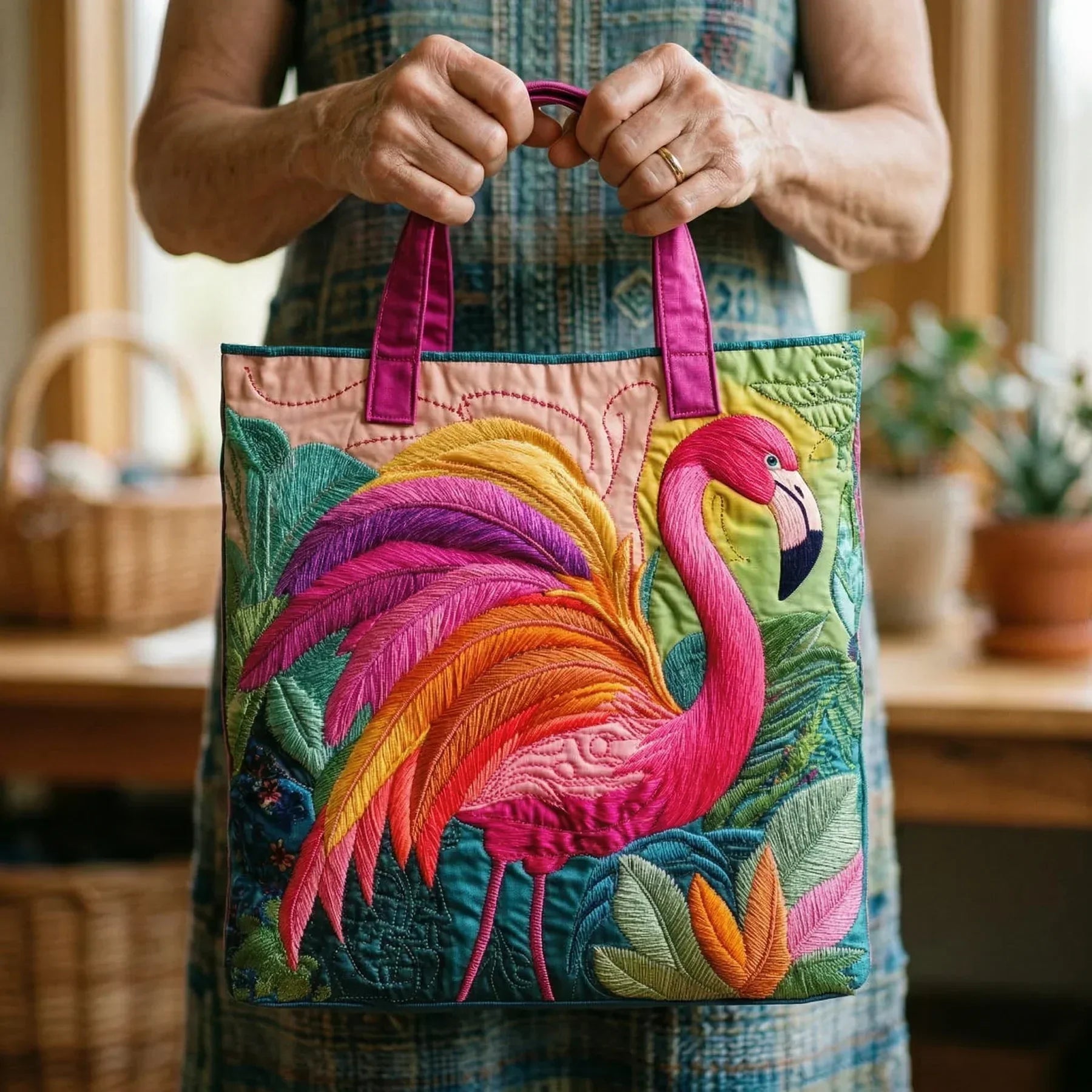 Quilted tote bag with a rainbow flamingo design and wave-stitch pattern in a padded, structured shape