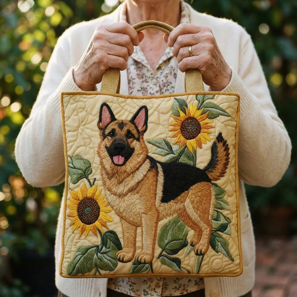 Quilted tote bag with a German Shepherd dog surrounded by flowers