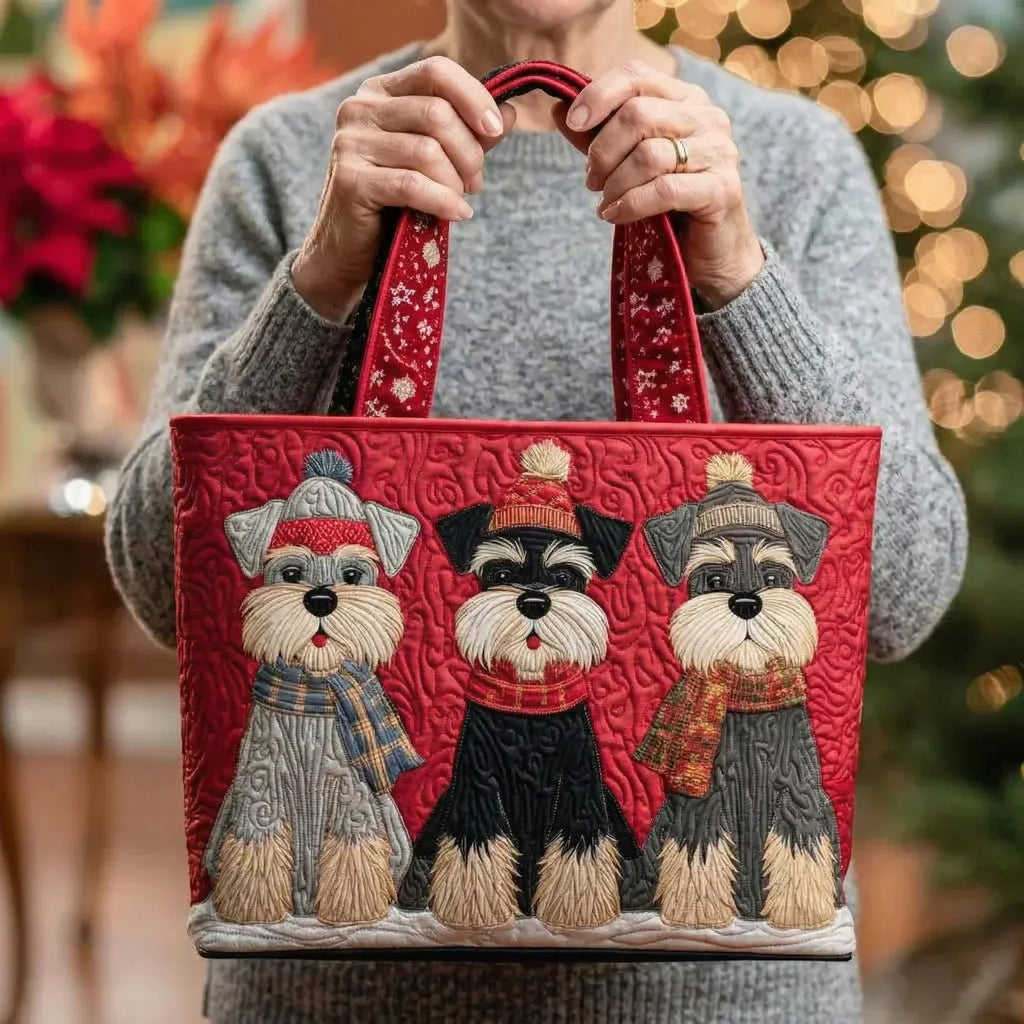 Quilted tote bag with three dignified Schnauzer dogs on a structured padded body with wave-stitch quilting