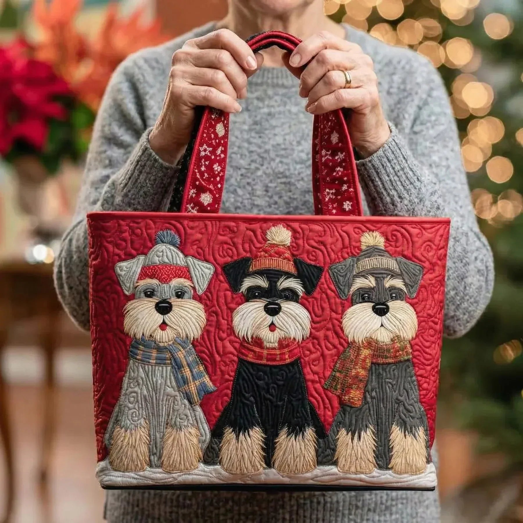 Quilted tote bag with three dignified Schnauzer dogs on a structured padded body with wave-stitch quilting