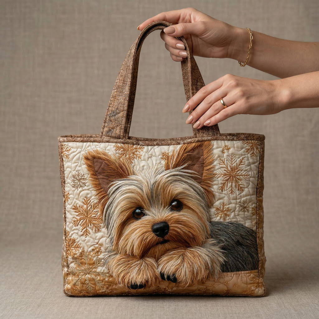 Quilted tote bag with a Yorkshire Terrier dog print on a wave-stitch structured body
