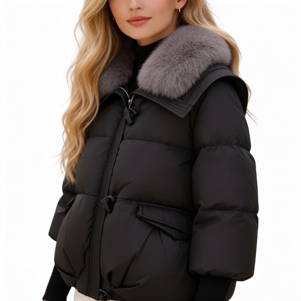 Fitted hooded padded jacket in black, white and brown with a sleek elegant silhouette