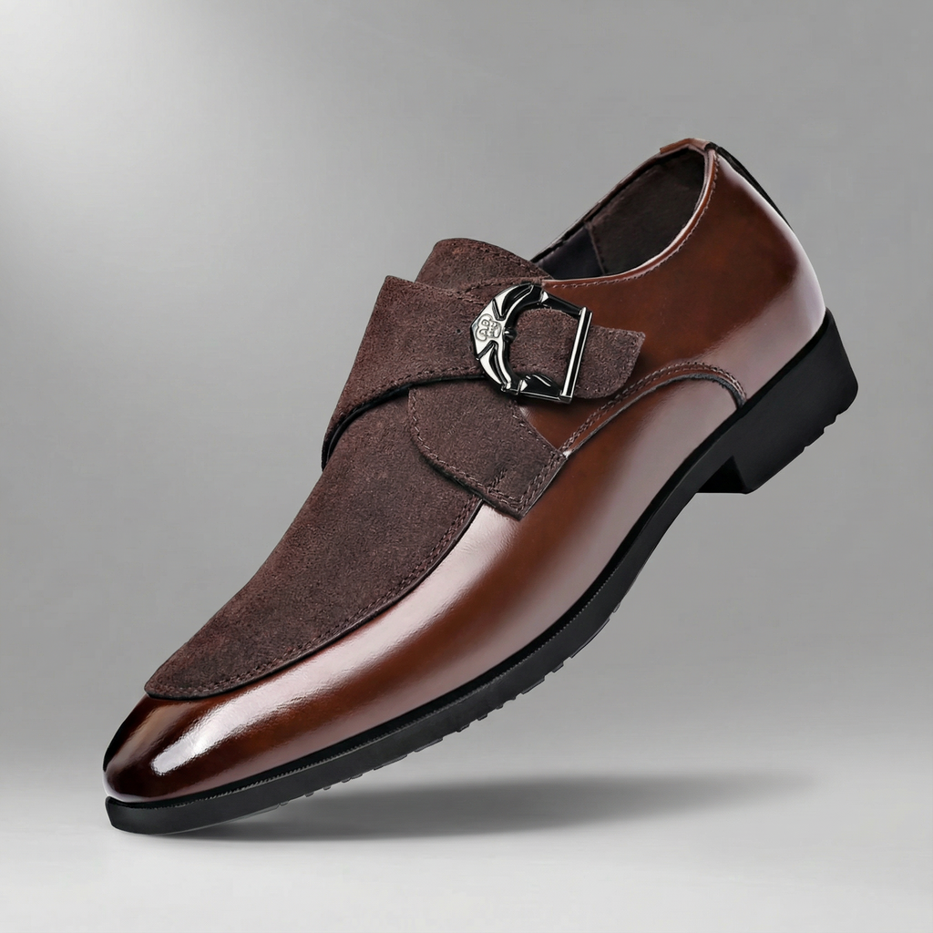 Men's brown monk strap shoes with a refined strap buckle and clean structured silhouette
