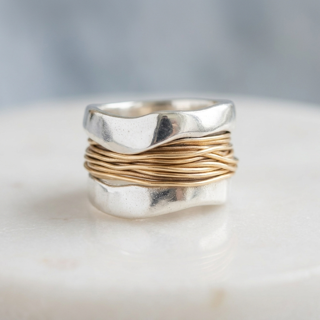 Two-tone minimalist ring with layered structure and smooth clean lines