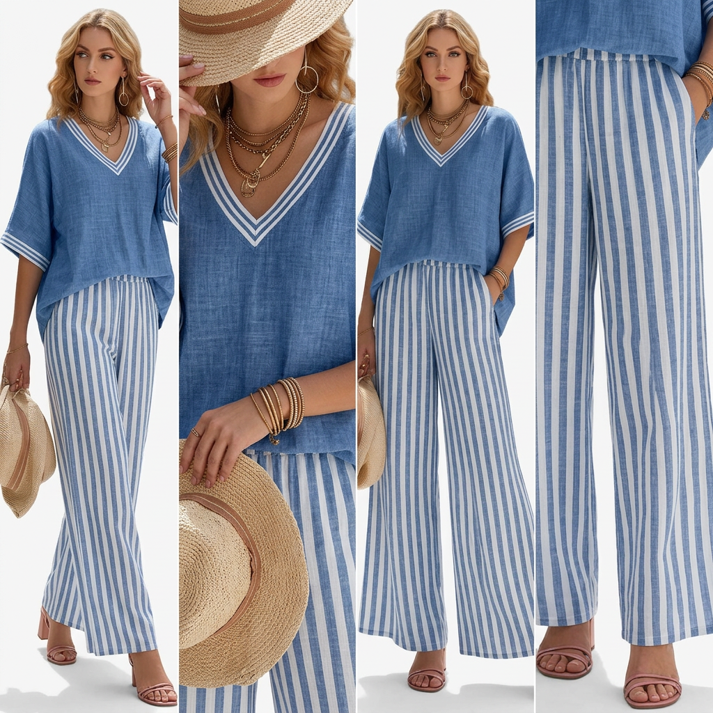 Striped V-neck women's co-ord set in red, available in a range of colours including pink, blue, yellow, green, black and beige